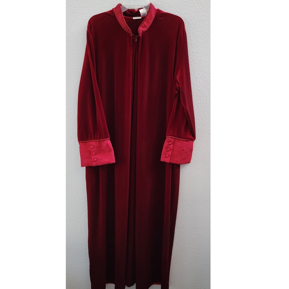 Adonna Velvet Robe Burgundy Red Long Sleeve Paisley Cuff Zip Front Loungewear L